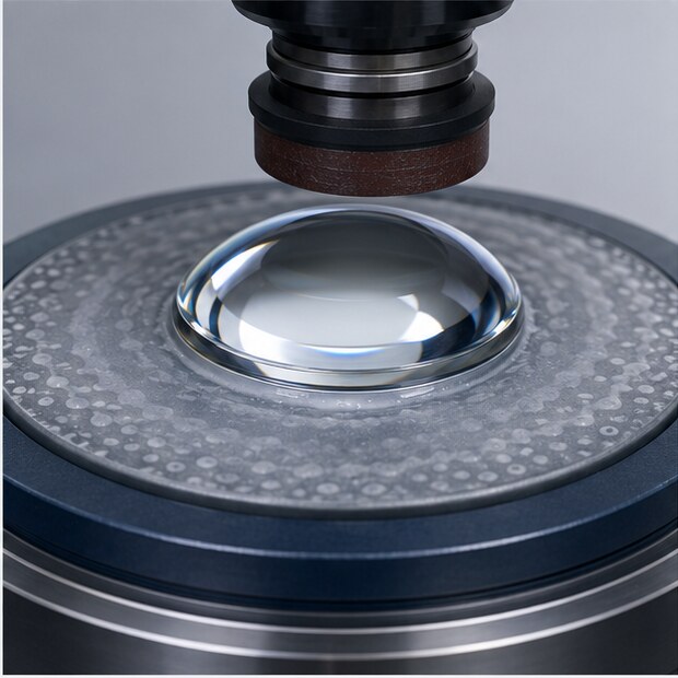 Optical lens undergoing CNC polishing